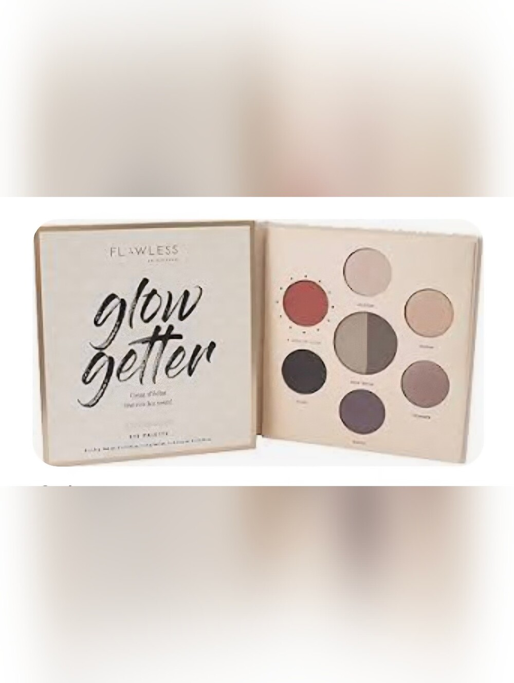 Flawless "Glow Getter" makeup palette with a beige and gold design.